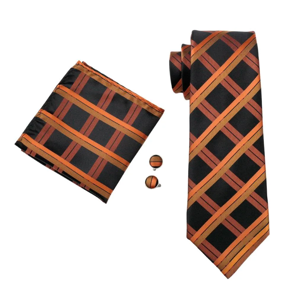Orange Black Plaid Men's Tie Pocket Square Cufflinks Set sold by Ties2You product image thumbnail 3
