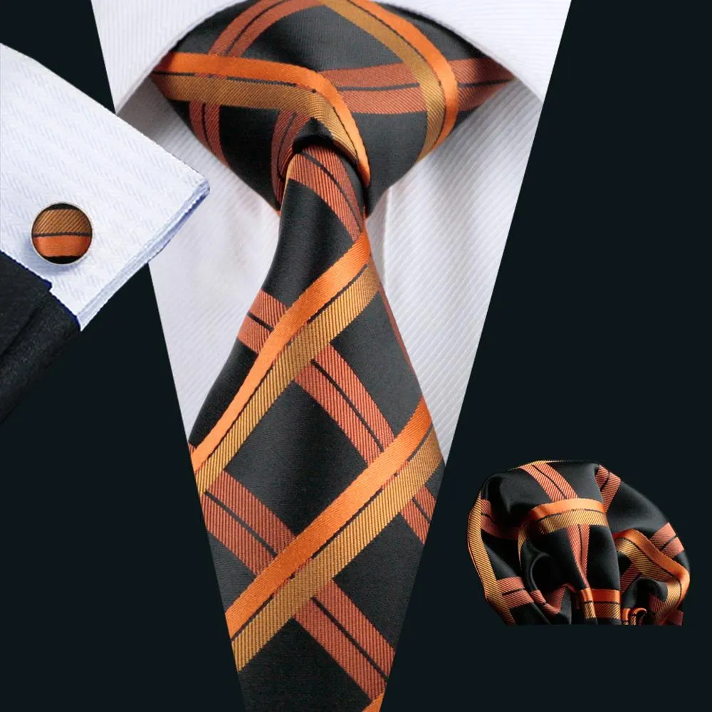 Orange Black Plaid Men's Tie Pocket Square Cufflinks Set sold by Ties2You
