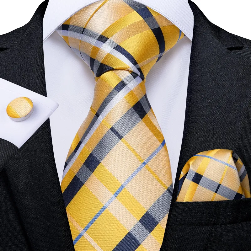 Yellow Blue Wide Striped Silk Fabric Men's Tie Hanky Cufflinks Set 8cm sold by Ties2You