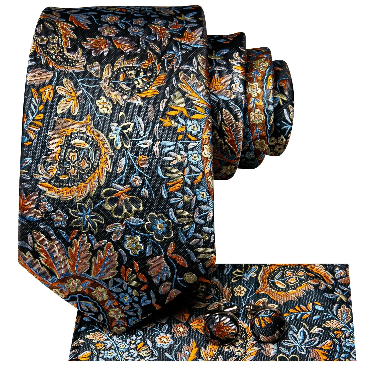 Black Golden Paisley Silk Fabric Men's Tie Hanky Cufflinks Set 8cm sold by Ties2You product image thumbnail 4