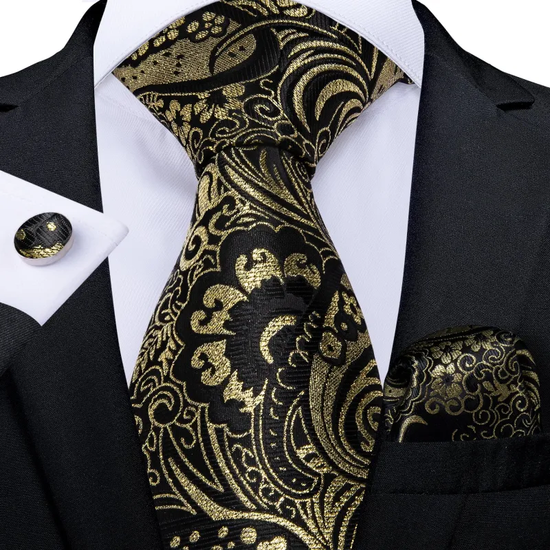 Golden Paisley Silk Fabric Tie Hanky Cufflinks Set sold by Ties2You