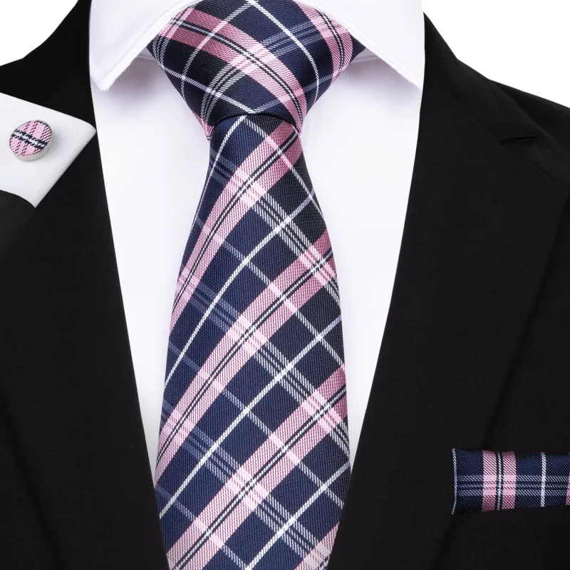Pink Deep-blue Plaid Silk Fabric Tie Hanky Cufflinks Set 8cm sold by Ties2You