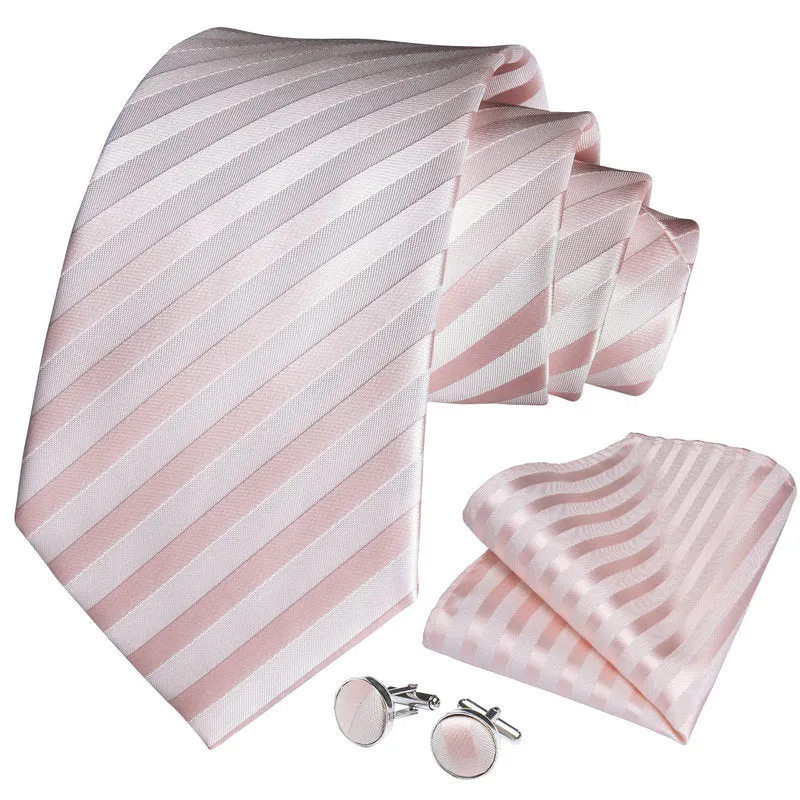 Silver Pink Striped Silk Fabric Tie Hanky Cufflinks Set 8cm sold by Ties2You product image thumbnail 2