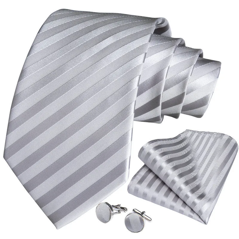 Silver Striped Silk Fabric Tie Hanky Cufflinks Set 8cm sold by Ties2You product image thumbnail 2