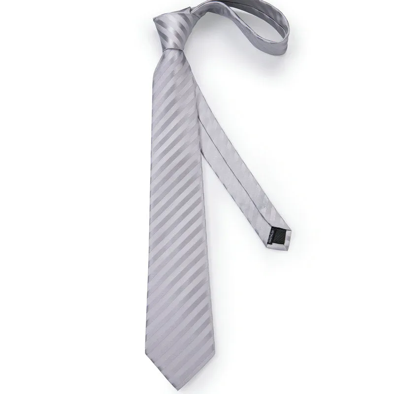 Silver Striped Silk Fabric Tie Hanky Cufflinks Set 8cm sold by Ties2You product image thumbnail 3