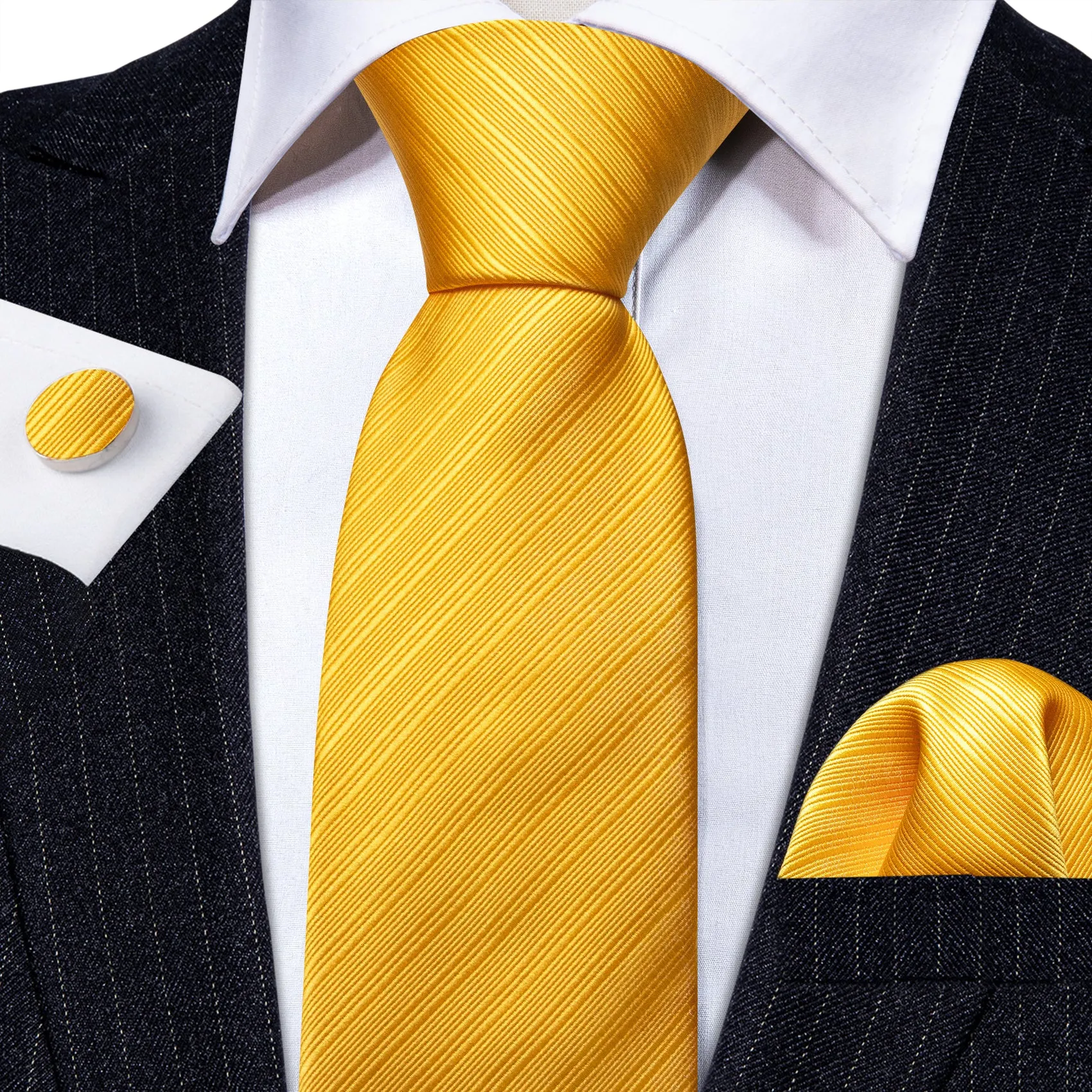 Silver Yellow Striped Silk Men's Tie Hanky Cufflinks Set sold by Ties2You product image thumbnail 3