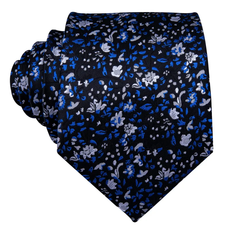 Blue Floral Silk Fabric Tie Hanky Cufflinks Set sold by Ties2You