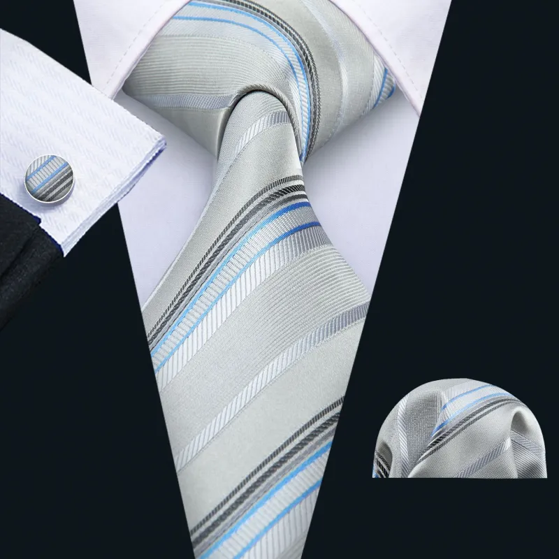 Silver Striped Silk Fabric Tie Hanky Cufflinks Set made by Ties2You