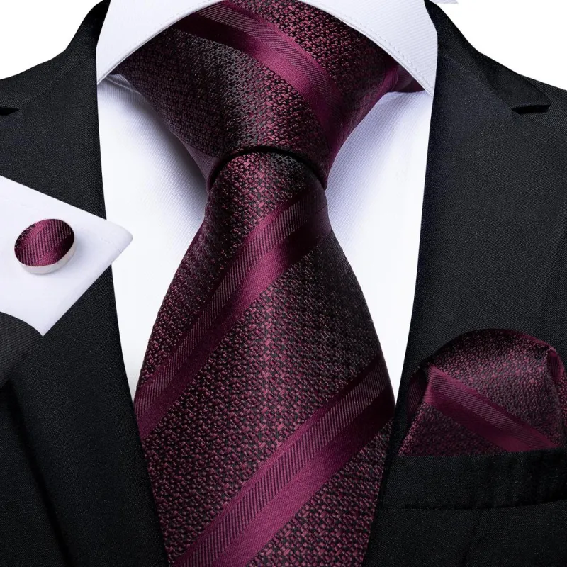 Ties2you Burgundy Tie Striped Silk Tie Pocket Square Cufflinks Set for Men sold by Ties2You