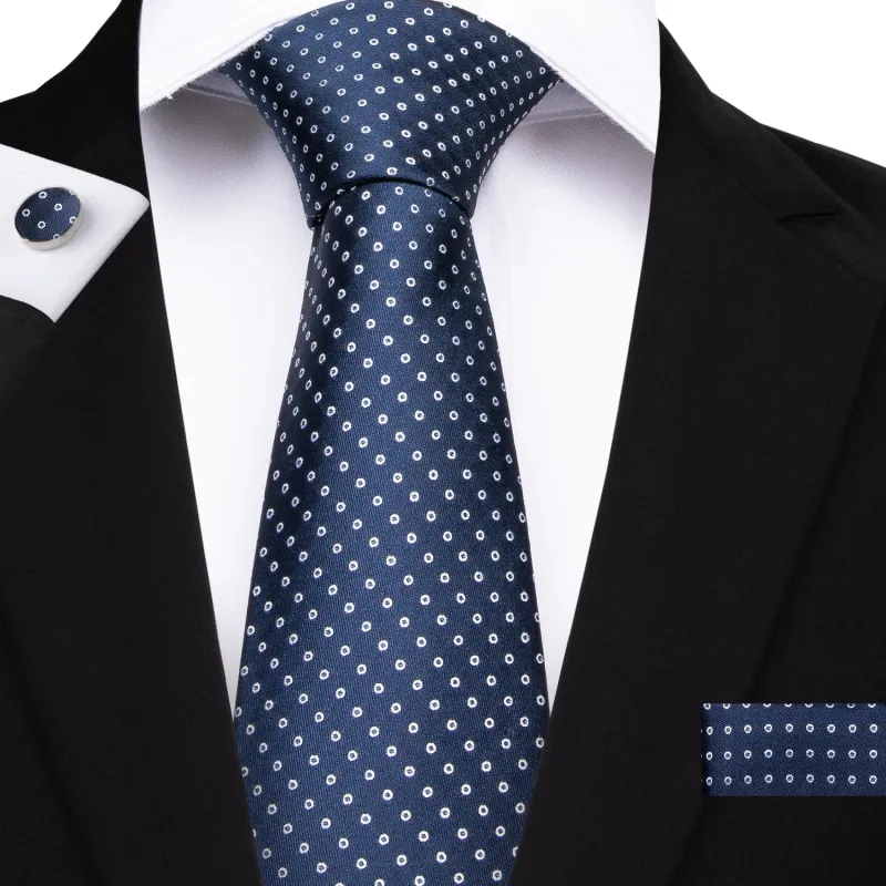 Navy Blue Polka Dot Tie Pocket Square Cufflinks Set 8cm sold by Ties2You