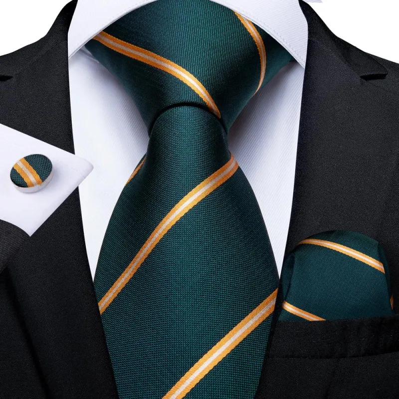 Ties2you Emerald Green Tie Striped Business Formal Necktie Handkercheif Cufflinks Set sold by Ties2You