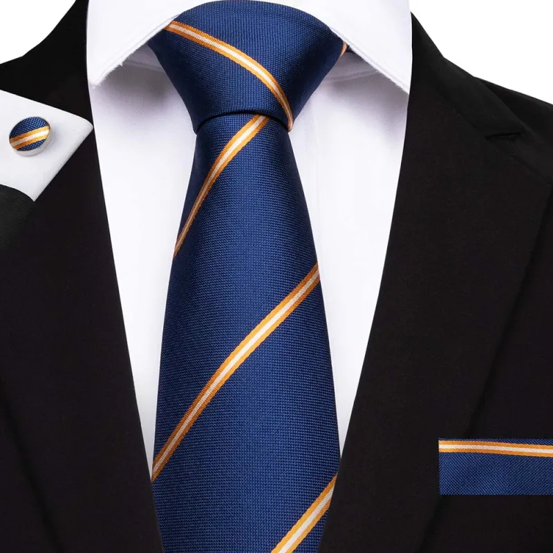 Navy Blue Striped Tie Pocket Square Cufflinks Set 8cm sold by Ties2You