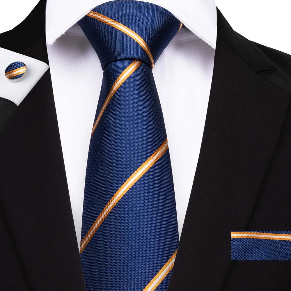 Navy Blue Striped Tie Pocket Square Cufflinks Set 8cm sold by Ties2You