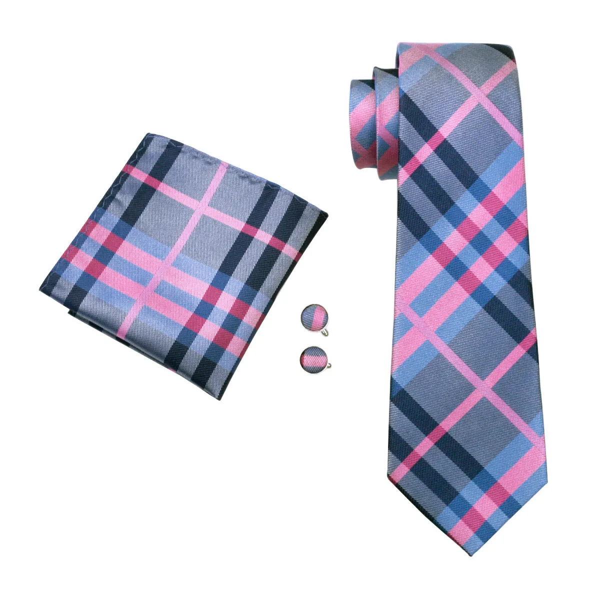Pink Blue Grey Plaid Tie Pocket Square Cufflinks Set sold by Ties2You product image thumbnail 3
