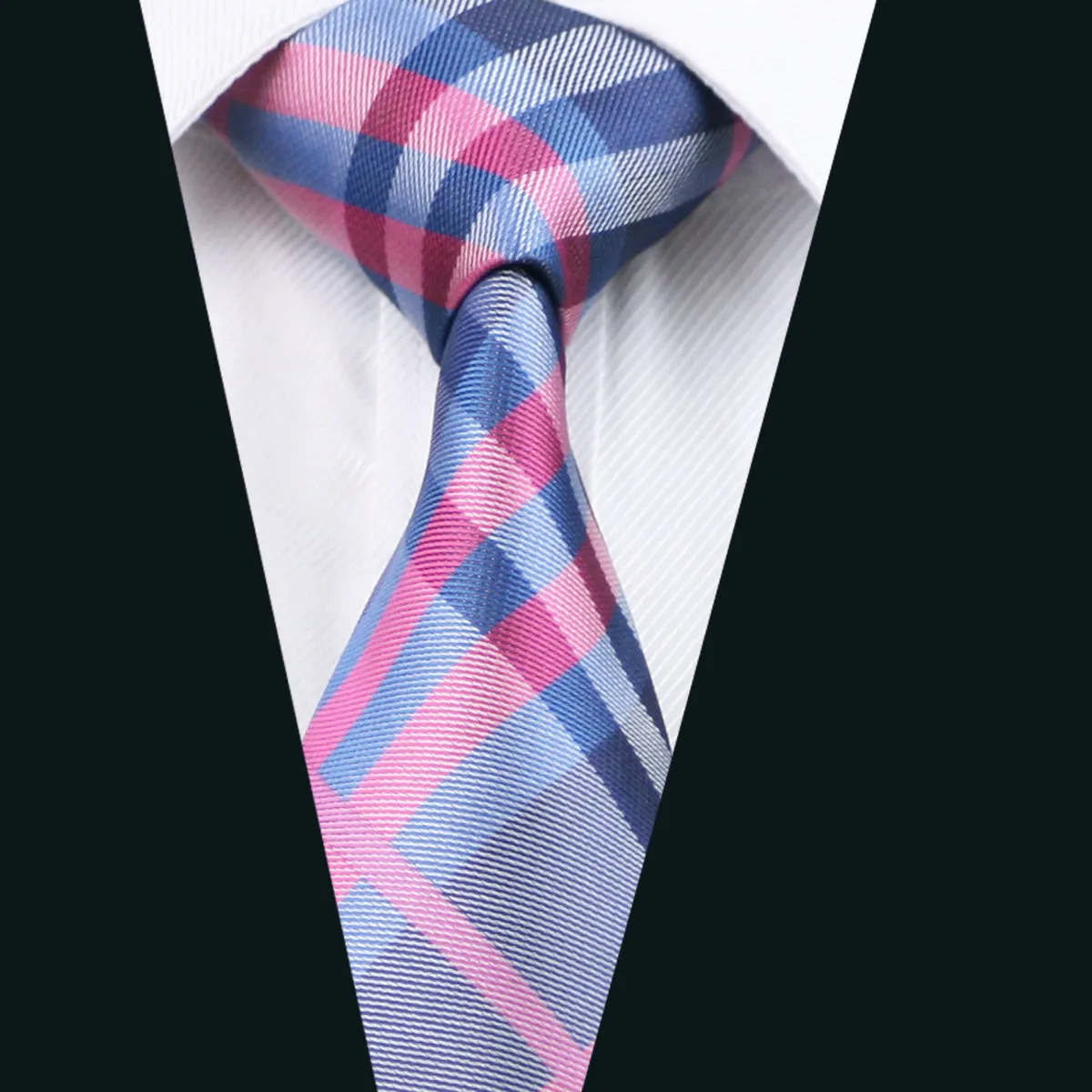 Pink Blue Grey Plaid Tie Pocket Square Cufflinks Set sold by Ties2You product image thumbnail 2