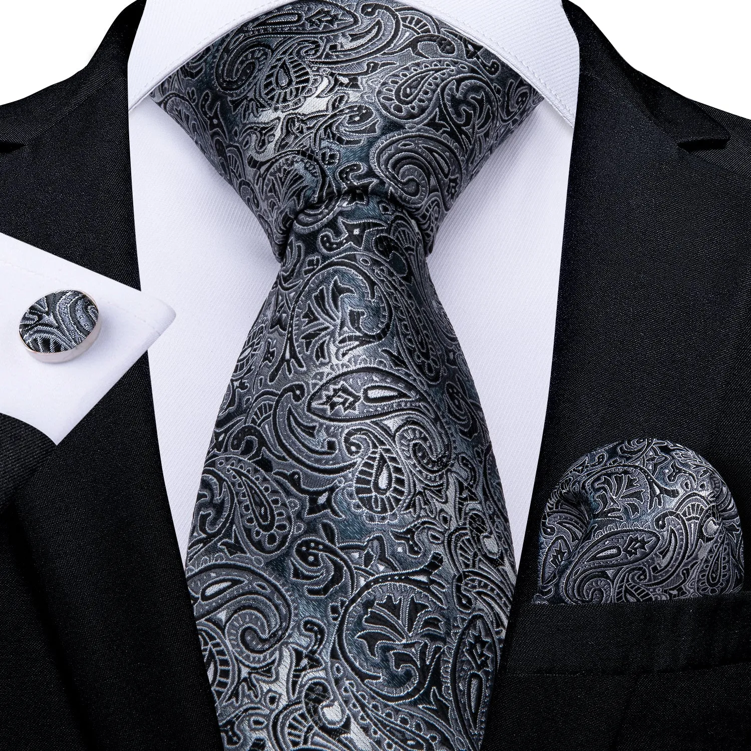 Grey Black Paisley Tie Pocket Square Cufflinks Set sold by Ties2You