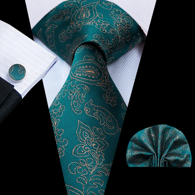 Teal Green floral Tie Pocket Square Cufflinks Set sold by Ties2You