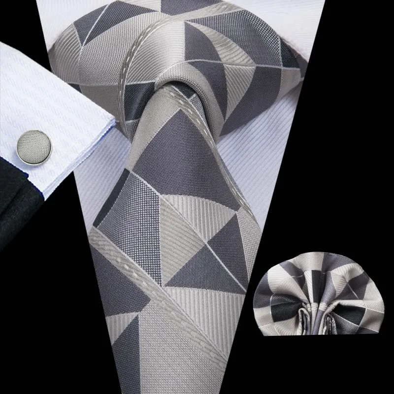 Grey Beige Novelty Plaid Tie Pocket Square Cufflinks Set sold by Ties2You
