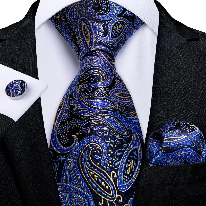 Ties2you Blue Tie Silk Yellow Paisley Tie Pocket Square Cufflinks Set sold by Ties2You