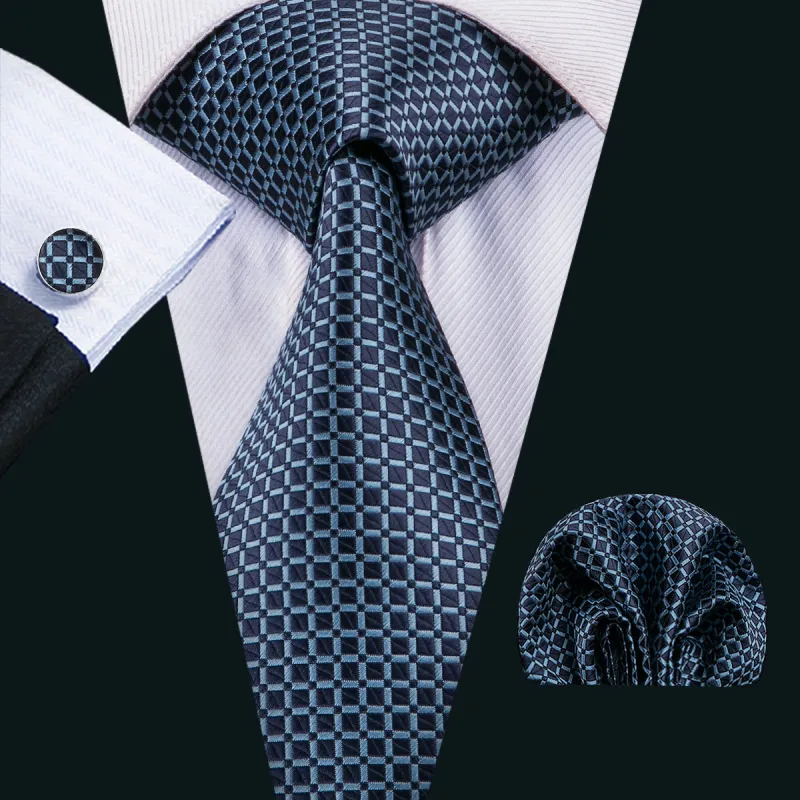 Dark Blue Plaid Tie Pocket Square Cufflinks Set sold by Ties2You