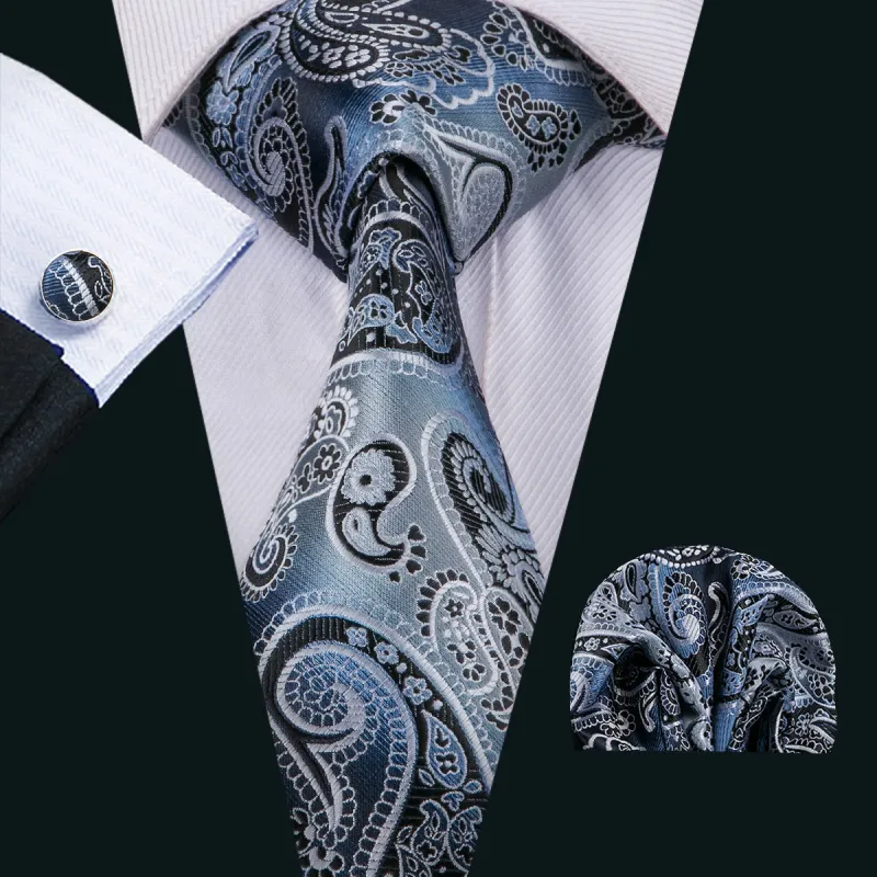 Blue Black Paisley Tie Pocket Square Cufflinks Set sold by Ties2You
