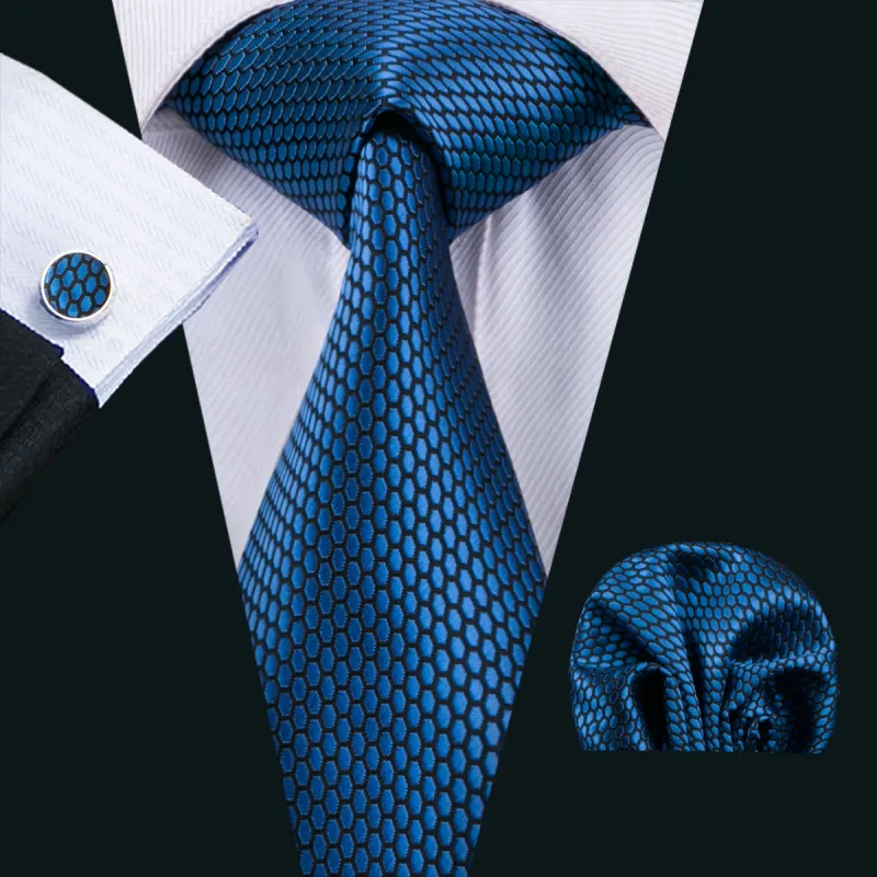 Navy-Blue Geometric Polka Dot Tie Pocket Square Cufflinks Set sold by Ties2You