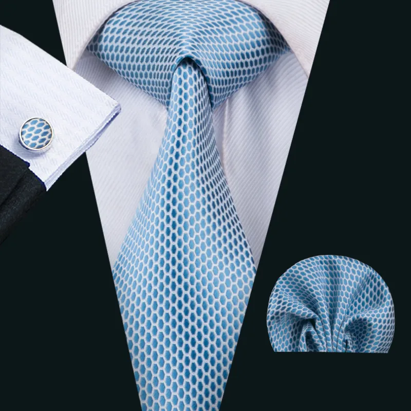 Skyblue Geometric Tie Pocket Square Cufflinks Set sold by Ties2You