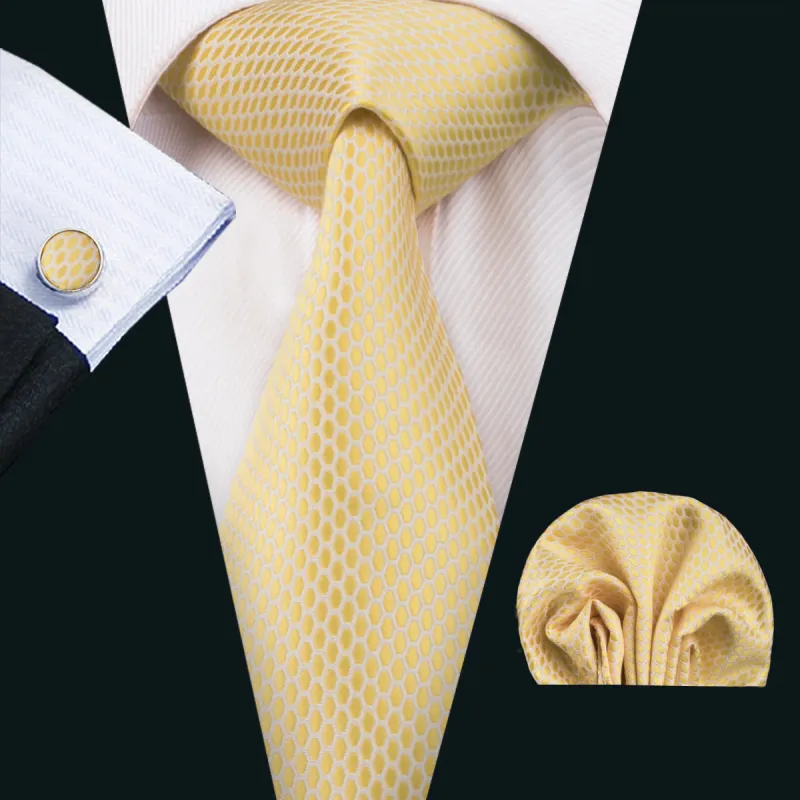 Yellow-White Plaid Tie Pocket Square Cufflinks Set sold by Ties2You