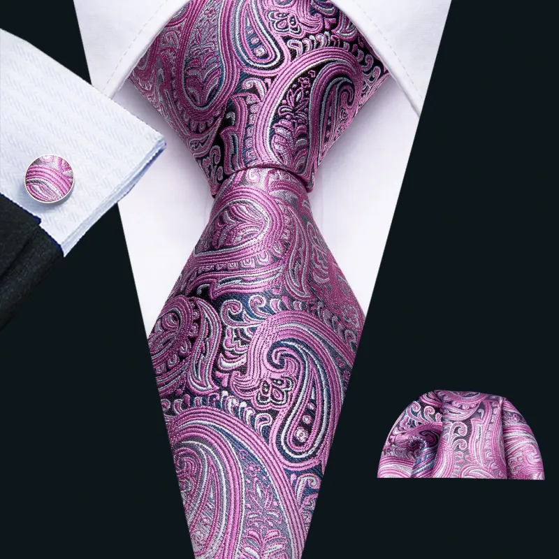 Ties2you Pink Tie Paisley Tie Pocket Square Cufflinks Set for Men sold by Ties2You