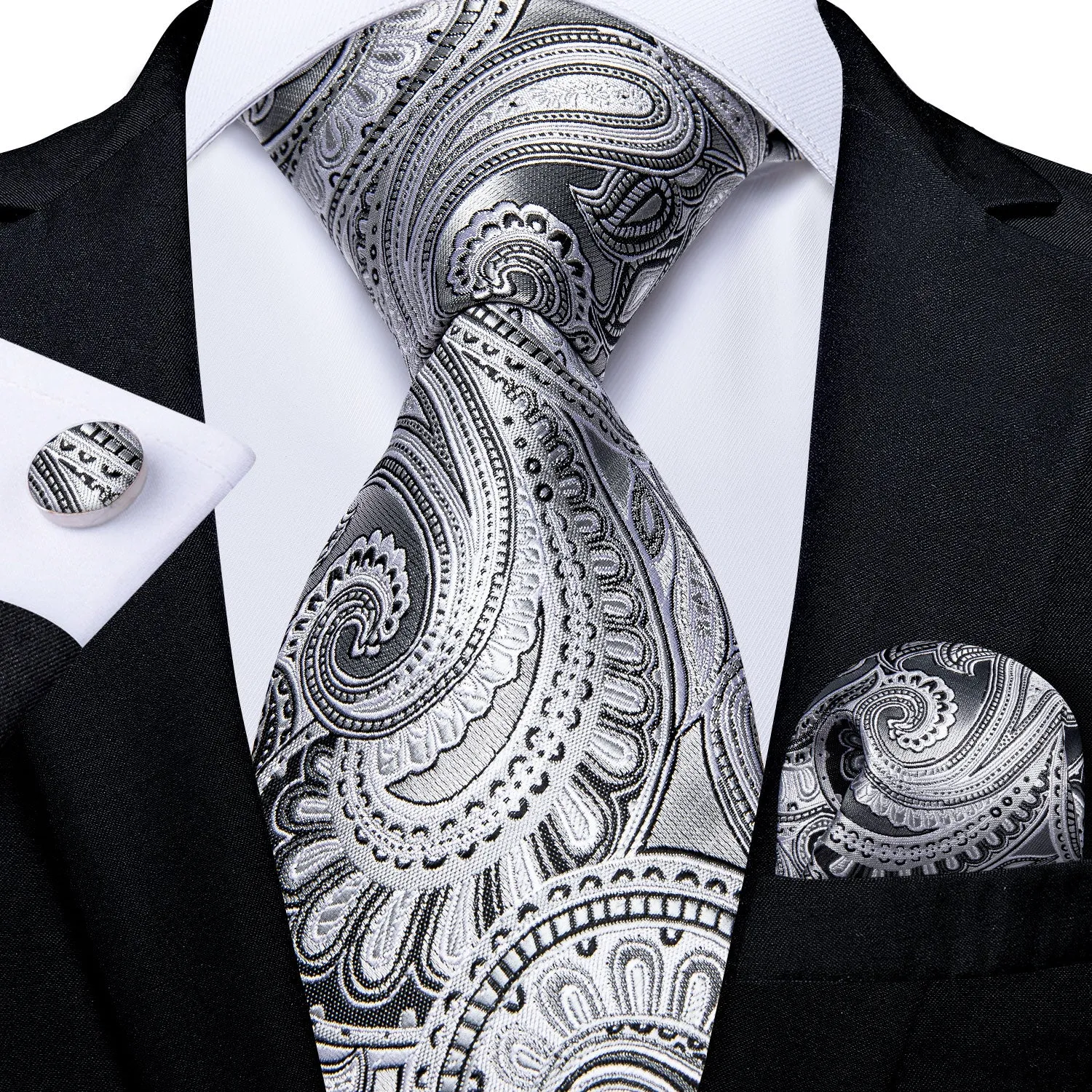 White Paisley Tie Pocket Square Cufflinks Set sold by Ties2You