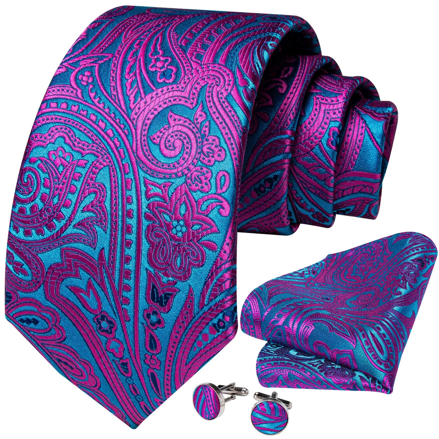 Purple Blue Paisley Tie Pocket Square Cufflinks Set sold by Ties2You product image thumbnail 2