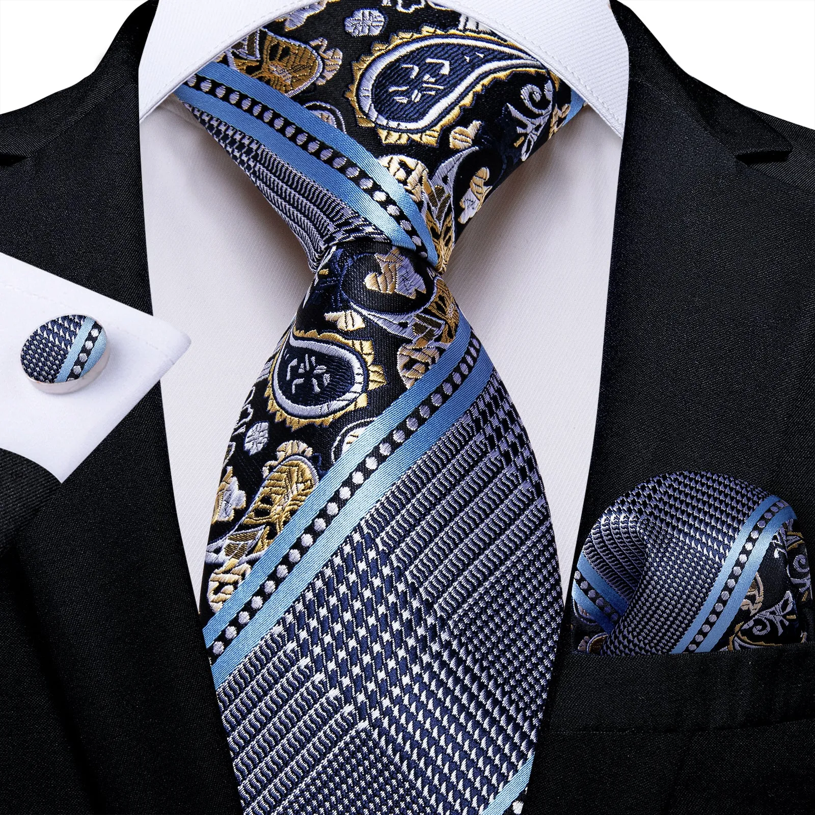Grey Blue Novelty Tie Pocket Square Cufflinks Set sold by Ties2You