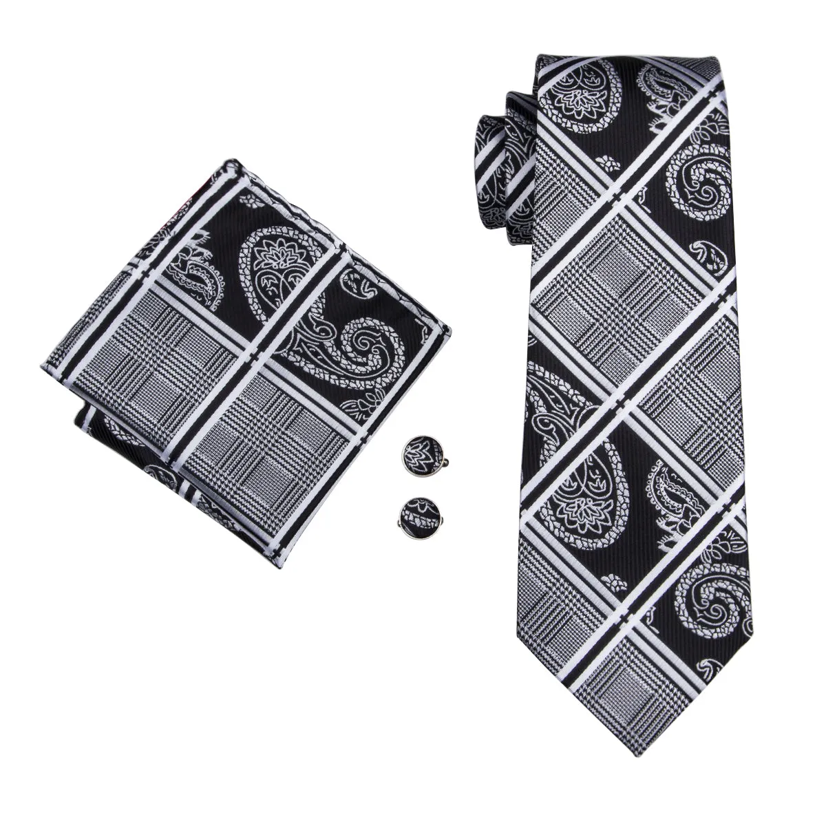 Grey Black Plaid Tie Pocket Square Cufflinks Set sold by Ties2You product image thumbnail 3