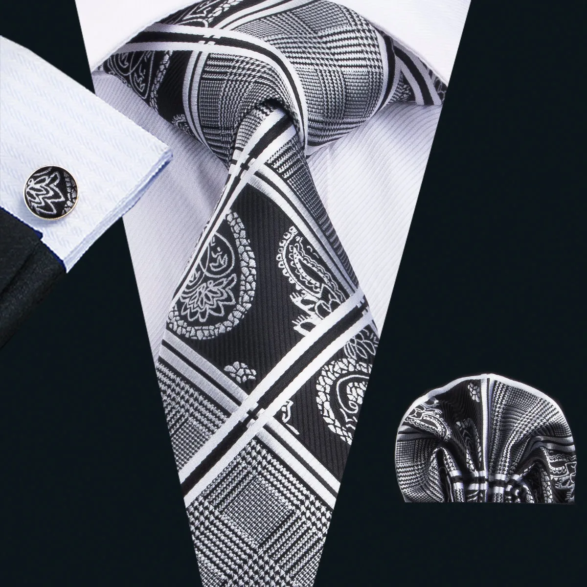 Grey Black Plaid Tie Pocket Square Cufflinks Set sold by Ties2You