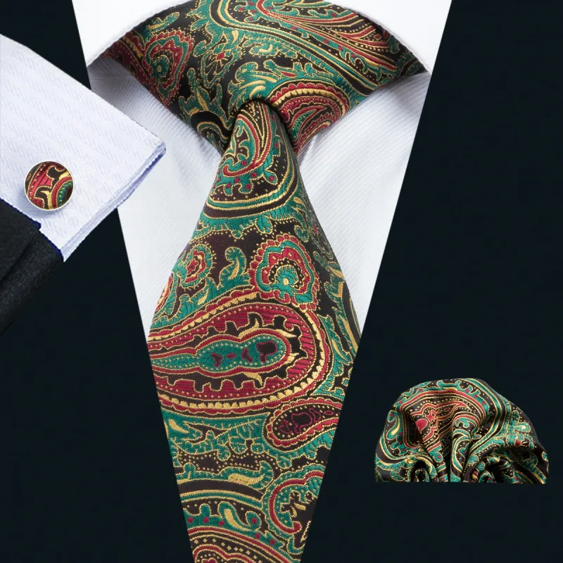 Ties2you Floral Tie Olive Green Paisley Tie Hanky Cufflinks Set for Men Classic sold by Ties2You