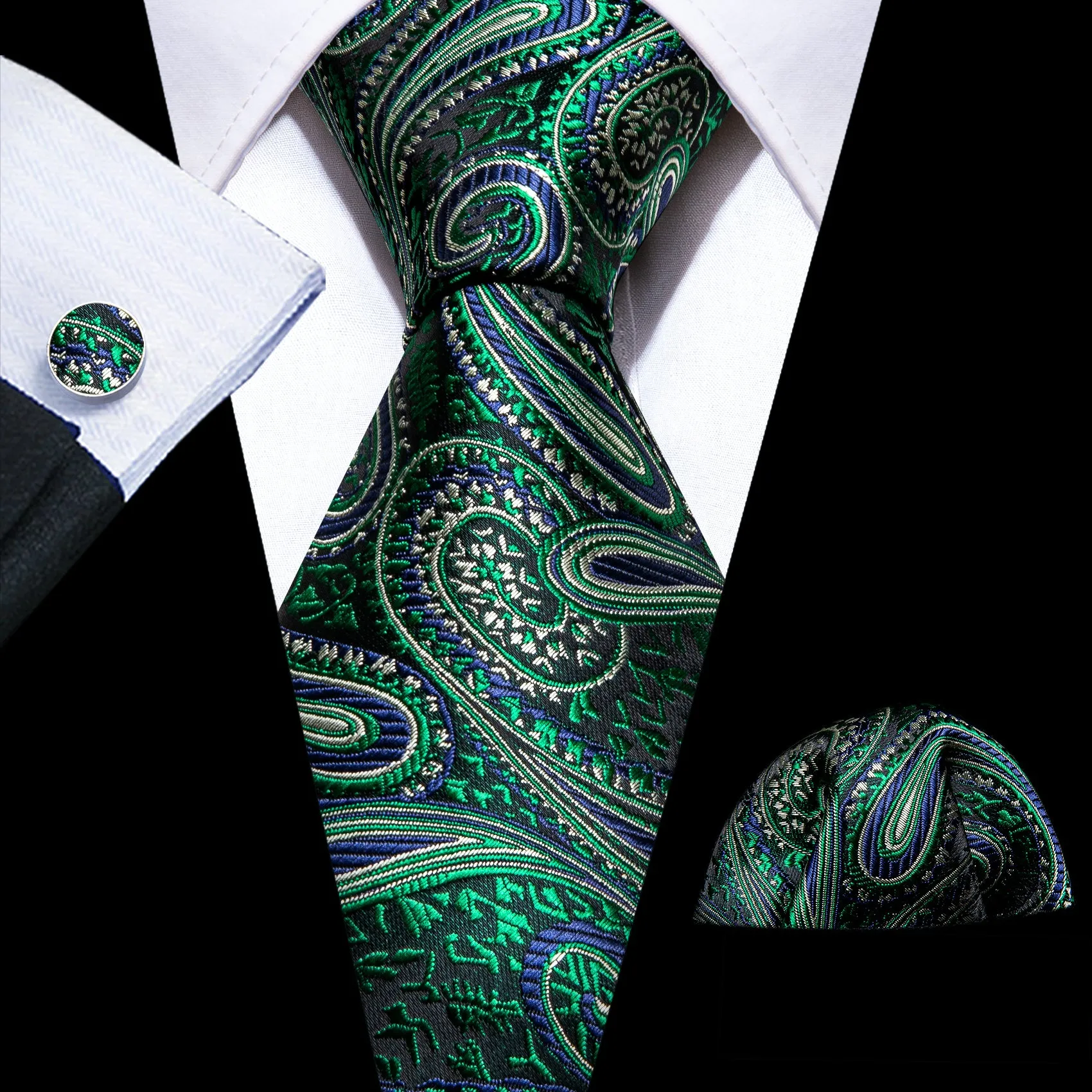 Green Paisley Tie Hanky Cufflinks Set sold by Ties2You
