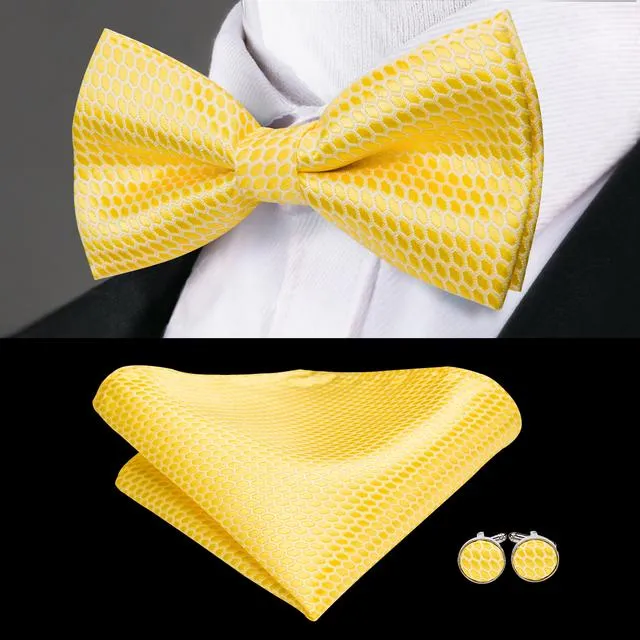 Light Yellow Solid Pre-tied Bow Tie Hanky Cufflinks Set sold by Ties2You