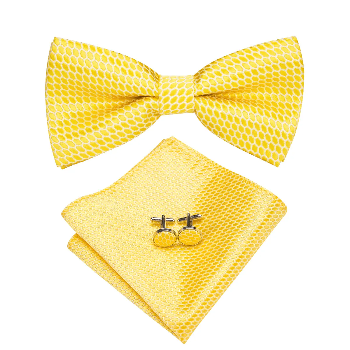 Light Yellow Solid Pre-tied Bow Tie Hanky Cufflinks Set sold by Ties2You product image thumbnail 3