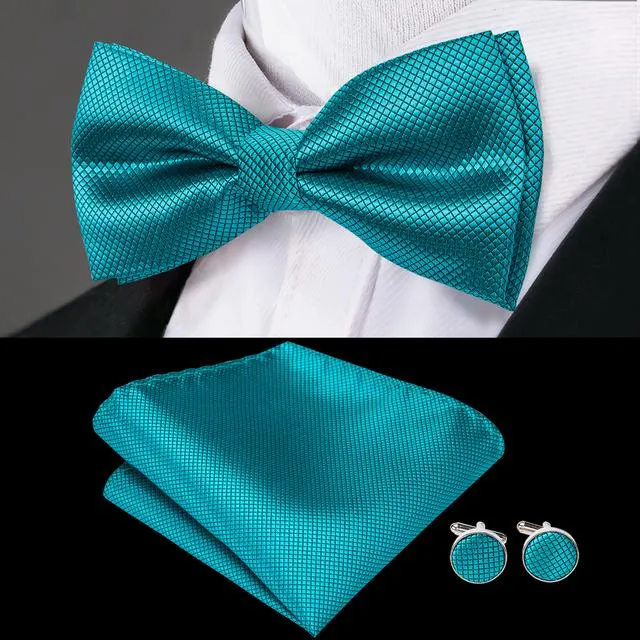 Ties2you Blue Tie Teal Green Solid Pre-Bow Tie Hanky Cufflinks Set sold by Ties2You
