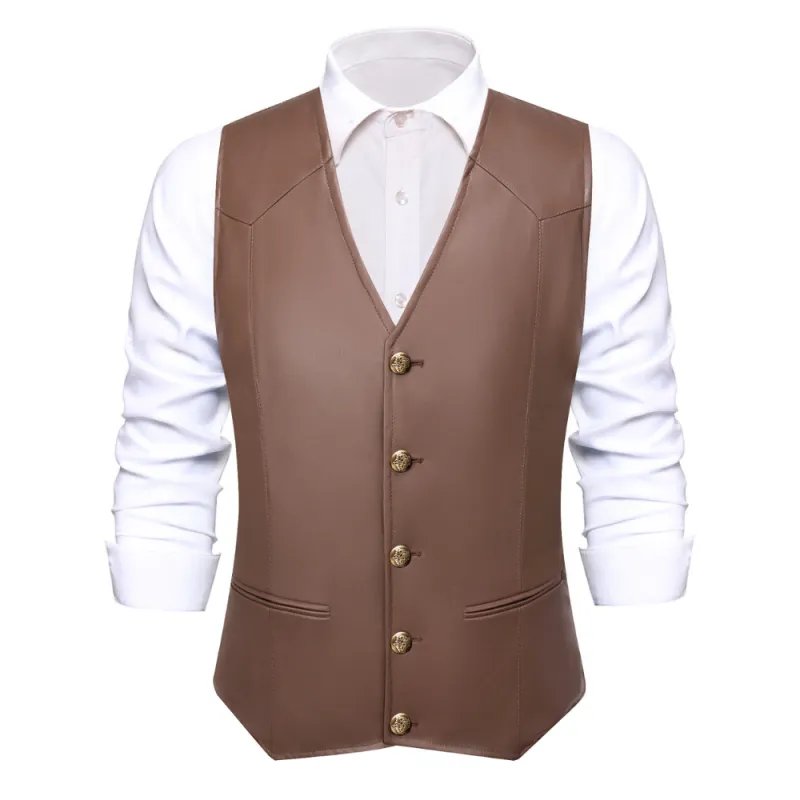 Ties2you Vest Brown Solid Men's V-neck Leather Vest sold by Ties2You