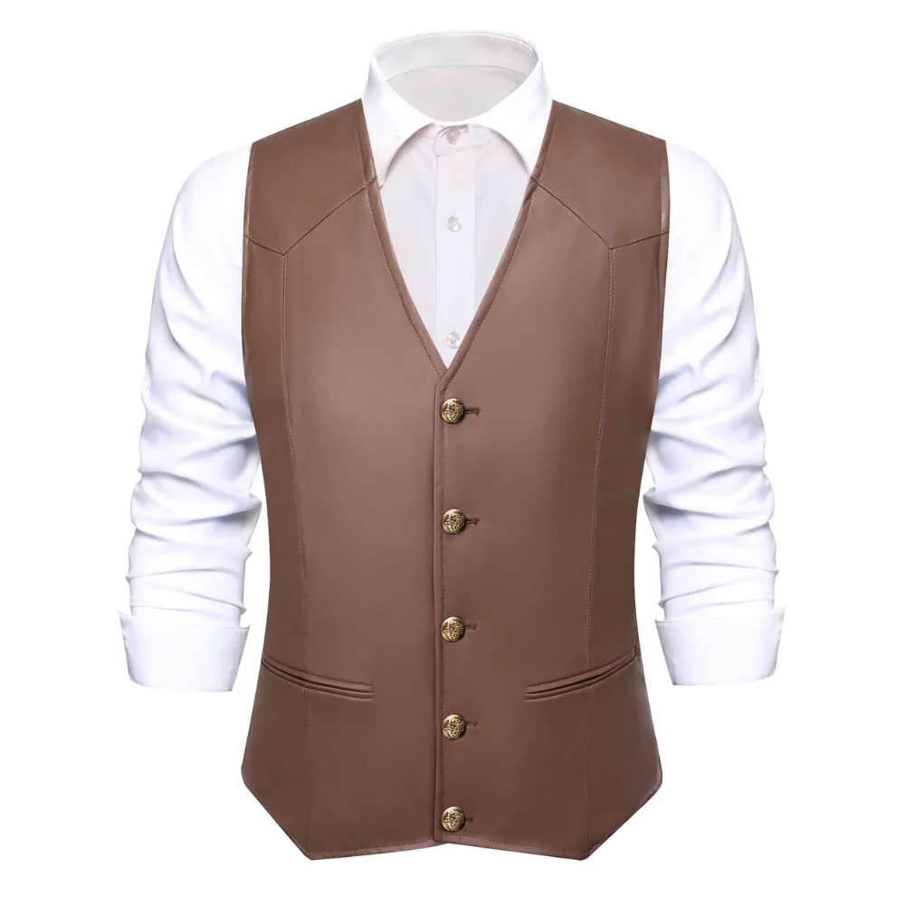 Ties2you Vest Brown Solid Men's V-neck Leather Vest sold by Ties2You