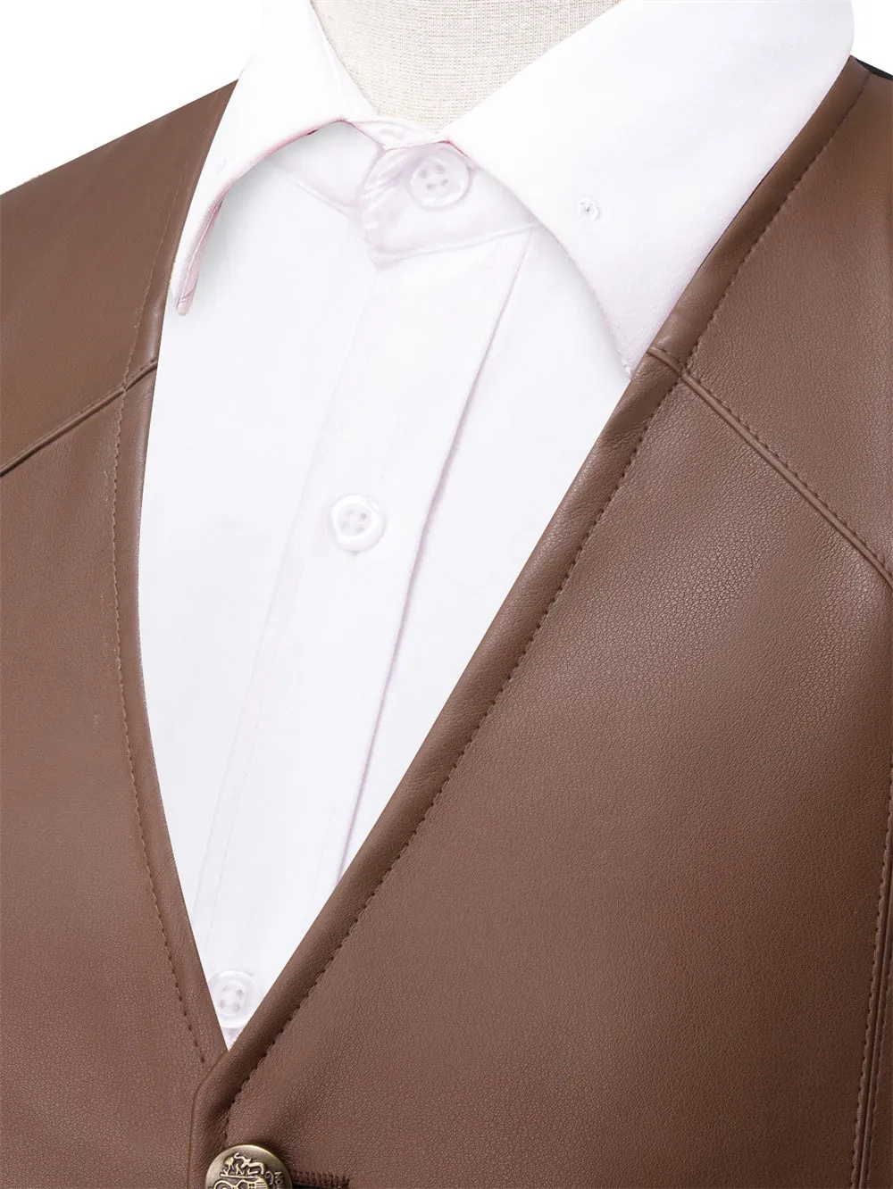 Ties2you Vest Brown Solid Men's V-neck Leather Vest sold by Ties2You product image thumbnail 3