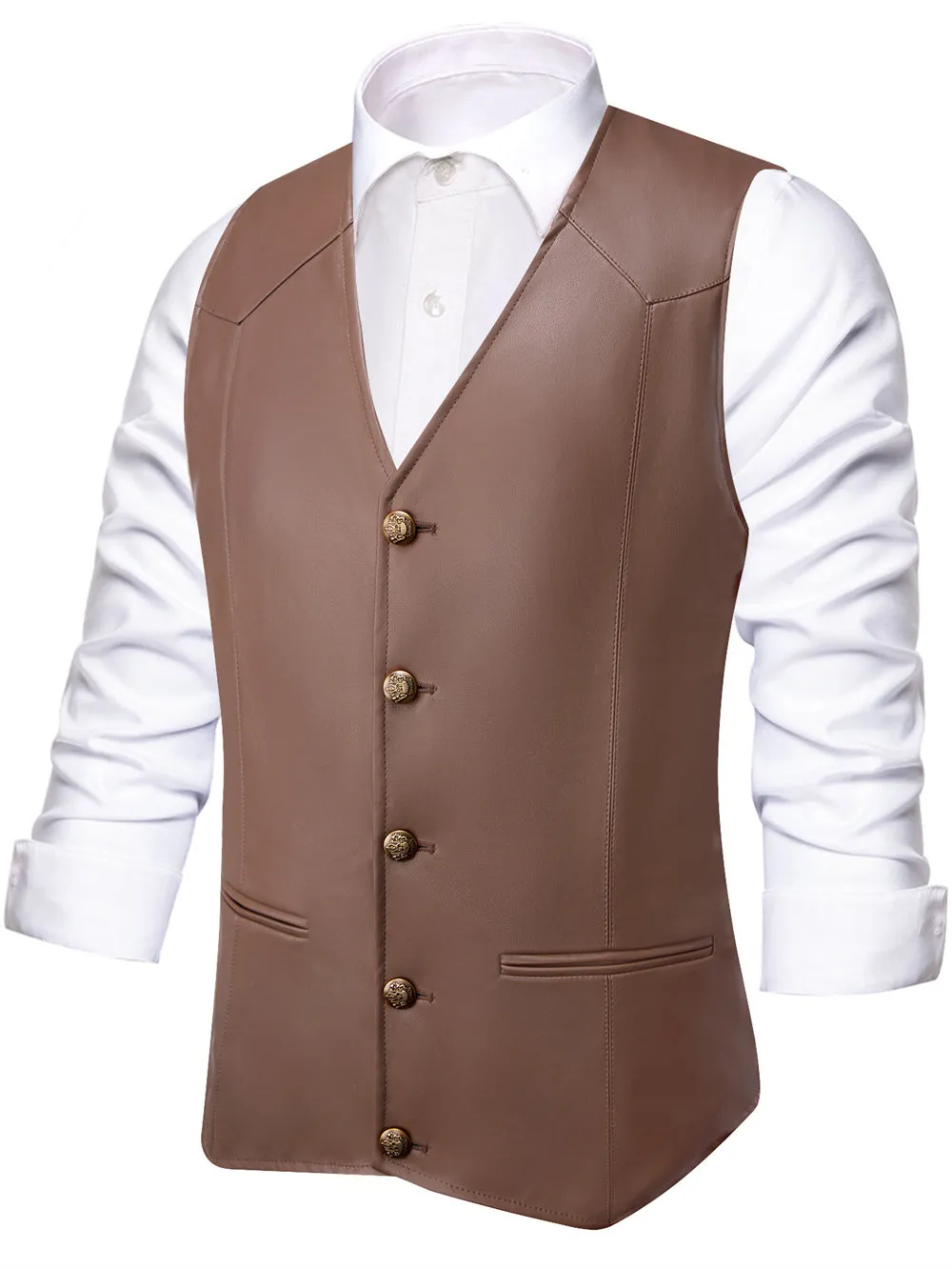 Ties2you Vest Brown Solid Men's V-neck Leather Vest sold by Ties2You product image thumbnail 2