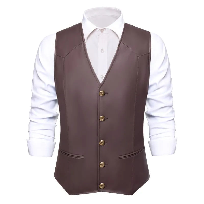 Ties2you Vest Dark Brown Solid Men's V-neck Leather Vest sold by Ties2You