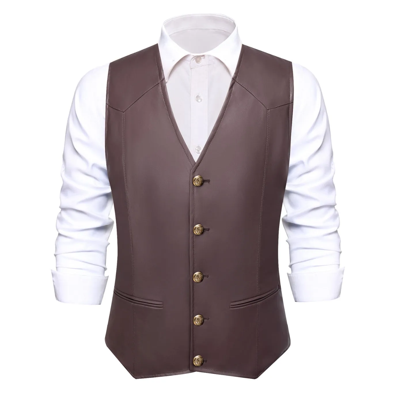 Ties2you Vest Dark Brown Solid Men's V-neck Leather Vest sold by Ties2You