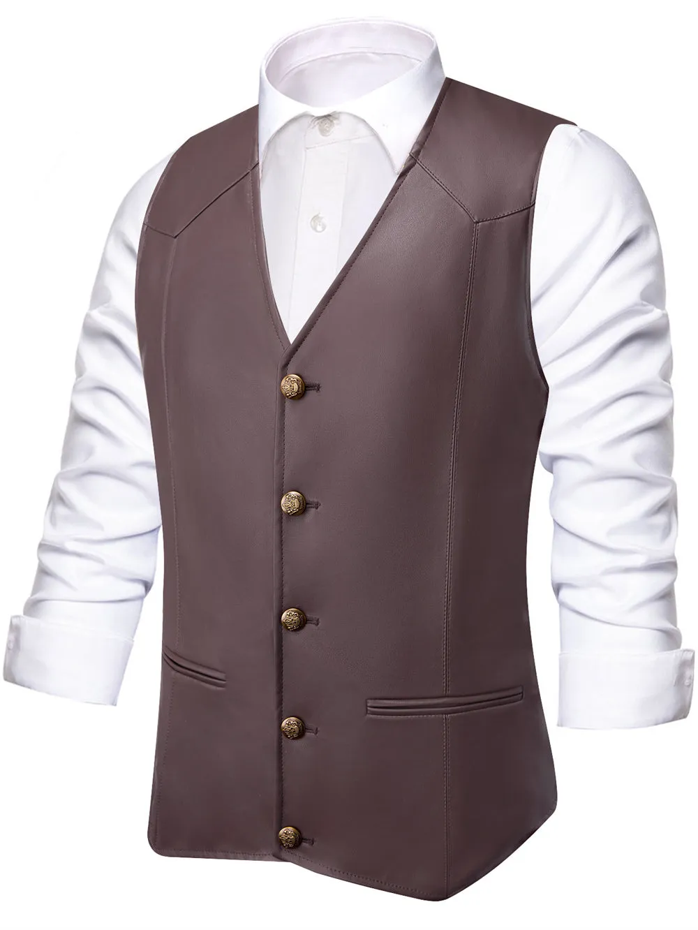 Ties2you Vest Dark Brown Solid Men's V-neck Leather Vest sold by Ties2You product image thumbnail 2