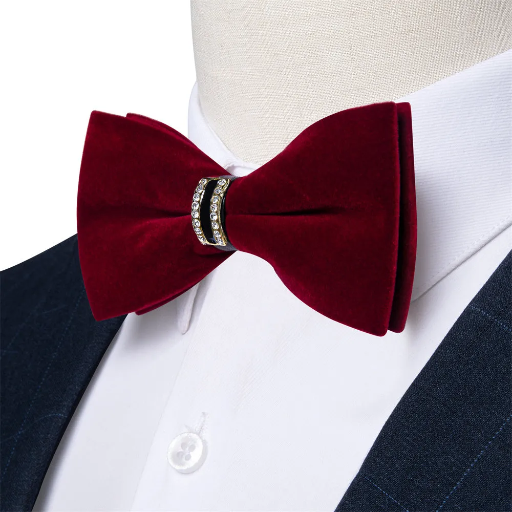 Ties2you Burgundy Solid Pre-tied Velvet Bow Tie Hanky Cufflinks Set sold by Ties2You