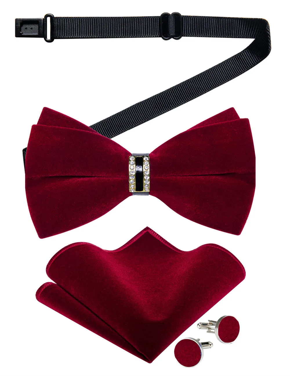 Ties2you Burgundy Solid Pre-tied Velvet Bow Tie Hanky Cufflinks Set sold by Ties2You product image thumbnail 3
