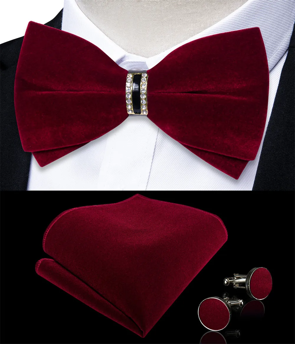 Ties2you Burgundy Solid Pre-tied Velvet Bow Tie Hanky Cufflinks Set sold by Ties2You product image thumbnail 2