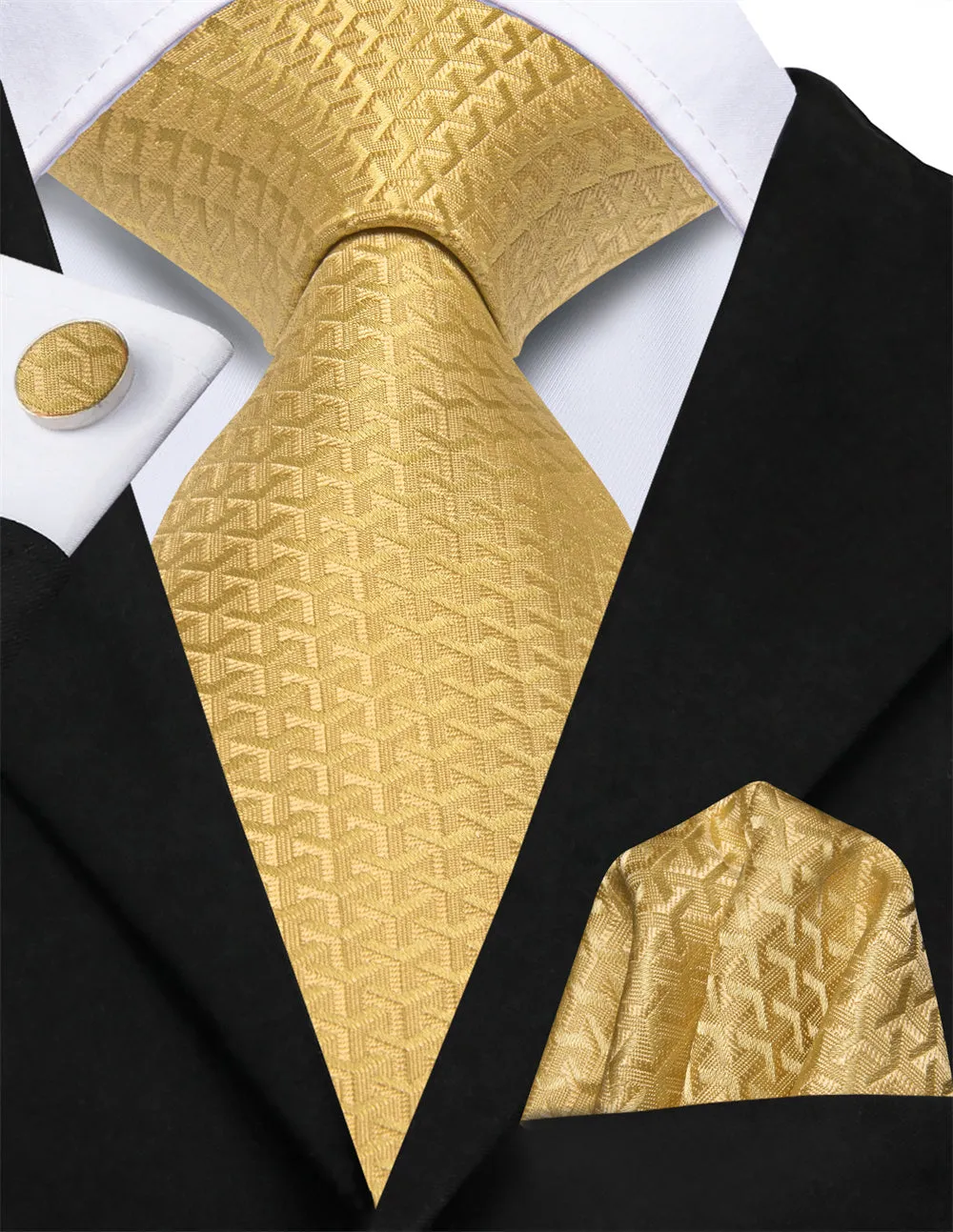 Ties2you Golden Geometric Lazy Mens Business Easy-pull Silk Tie Pocket Square Cufflinks Set sold by Ties2You product image thumbnail 2